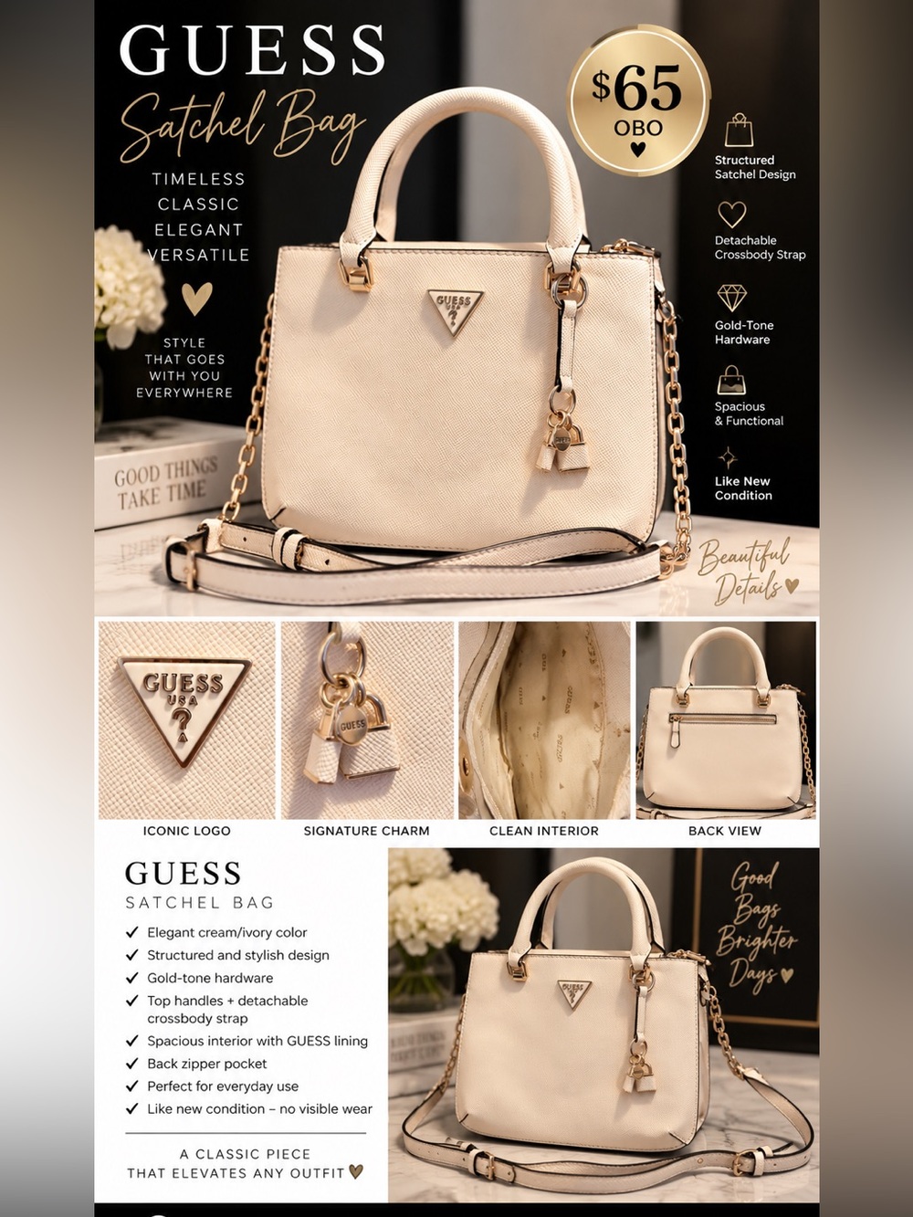 GUESS Cream/Beige Satchel with Gold-Tone Chain Strap